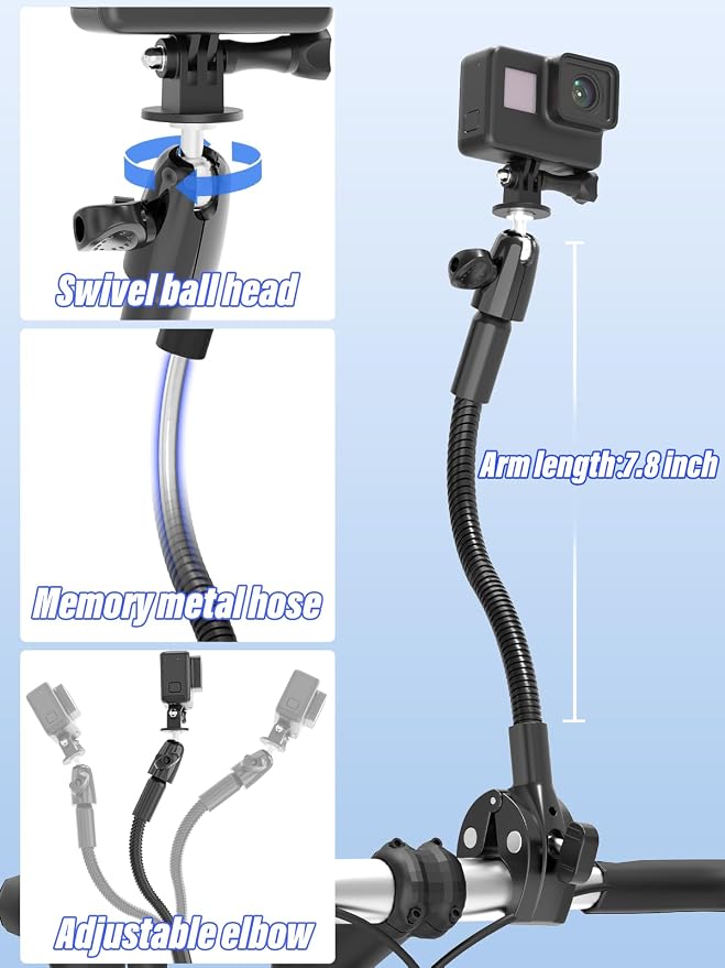 Charchendo Metal Gooseneck Clamp Camera Mount for Sailing with 1/4“ 3/8" 5/8" Screw, Cameras Large Tube Mount for GoPro, Compatible with GoPro Hero 13/Logitech Webcam/Insta 360/Field Monitor - Image 2