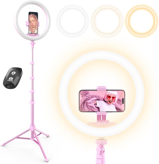 UBeesize 12" Ring Light with 62" Tripod Stand for Content Creation (Pink) | LED Selfie Light with Phone Holder & Remote for YouTube, TikTok, Twitch, Video Recording, Makeup, Streaming, Phone & Webcam by UBeesize
