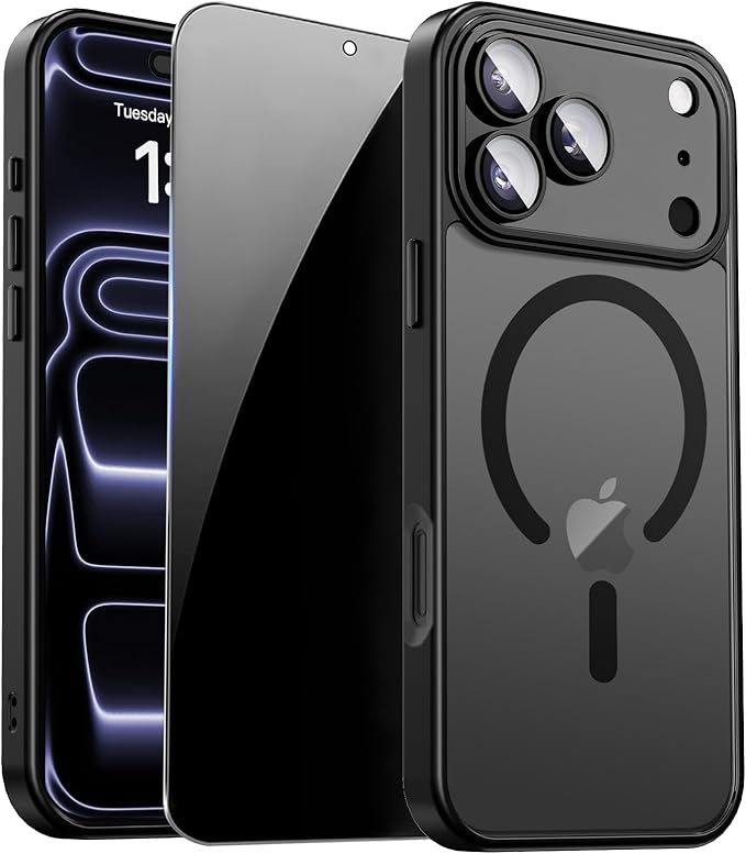 for iPhone 17 Pro Max Case with Privacy Screen Protector, Black | Full Camera Protection, Compatible with MagSafe, Magnetic Translucent Matte Shockproof Phone Cover for iPhone 17 ProMax by ZOZDOKG