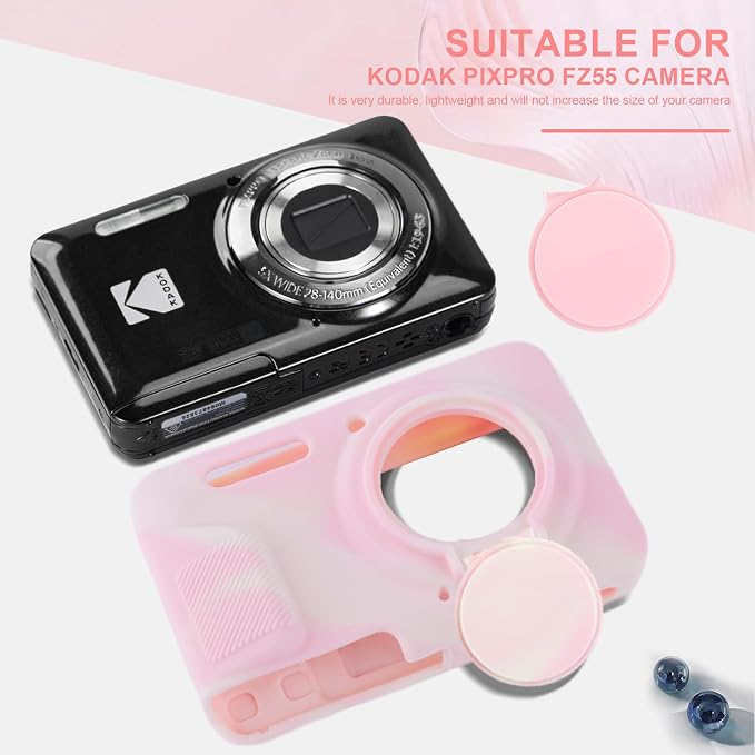 Camera Case for Kodak PIXPRO FZ55 with 2-Pack Screen Protector | Cute Charm Wrist Strap, Soft Silicone Protective Case with Removable Lens Cap for Kodak FZ55 Accessories - Pinkish White - Image 7