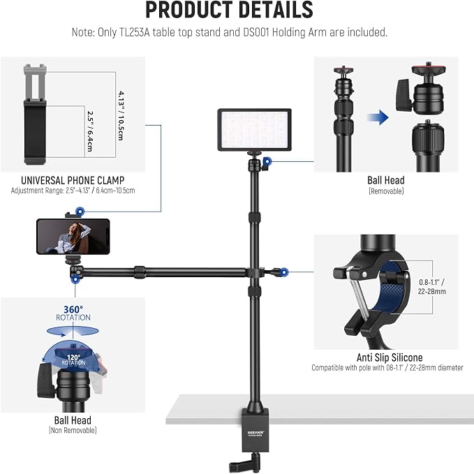 NEEWER TL253A+DS001 Table Camera Tripod with 2 Section Arm | Phone Holder, Ball Heads, Screw Adapter, Table Light Stand for Camera, Mobile Phone, Webcam, Ring Light - Image 6