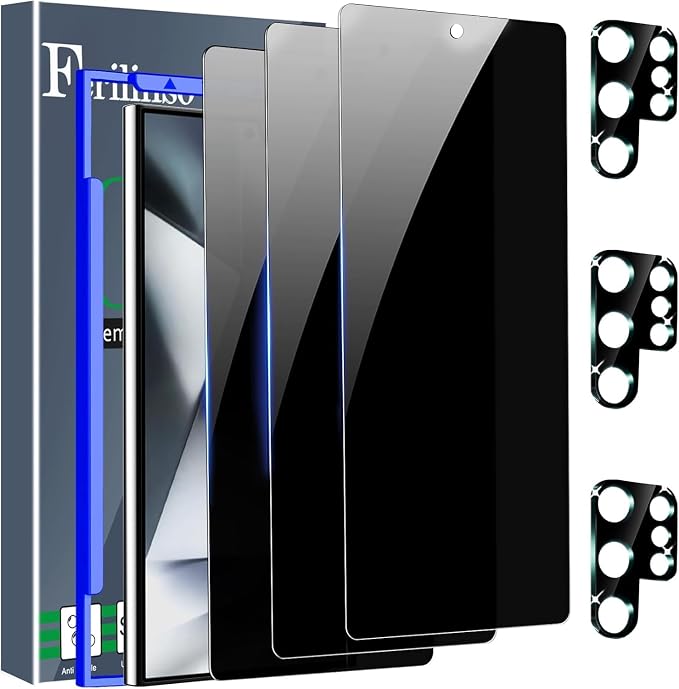 Ferilinso 3 Pack Privacy Screen Protector for Samsung Galaxy S24 Ultra | 9H+ Tempered Glass, Military-Grade Shatterproof, HD, Case Friendly, Easy Installation Bubble Free, with Camera Lens Protector by Ferilinso