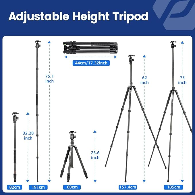 Fotopro 73"/185cm Carbon Fiber Travel Tripod for Camera, 360° Panorama Ball Head, Arca Quick Release Plate, Portable Bag, Compact Travel Tripod Monopod for DSLR Camera Camcorder, Load up to 22lbs/10kg - Image 3