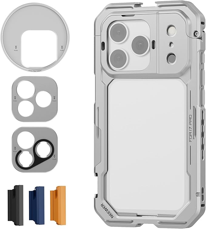 NEEWER Phone Cage Compatible with iPhone 17 Pro, Quick Release Video Rig Stabilizer Accessories with 67mm Filter Ring, 17mm Lens Backplate, T Mount Adapter, 4X Camera Control Cap, PA143 (Silver) by Neewer