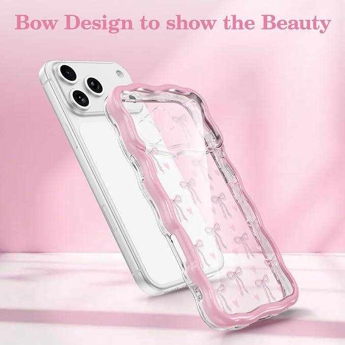 QLTYPRI for iPhone 17 Pro Max Pink Bow Case, Clear Cute Pink Ribbon Bow Phone Case Curly Wavy Aesthetic Phone Cover, Soft Slim Transparent TPU Shockproof Protective Cover for Women Girls - Love Bow - Image 2
