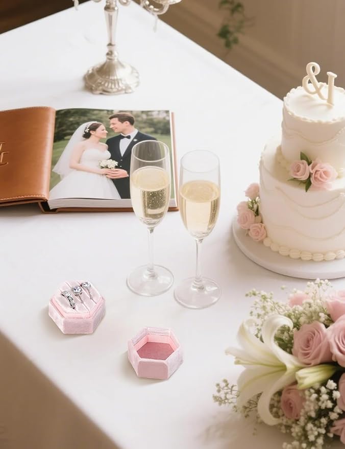 MFXIP Velvet 3 Slots Jewelry Ring Box Engagement Wedding Box Keepsake Box Bridal Photo Ring Triple Slots Hexagon - Image 5