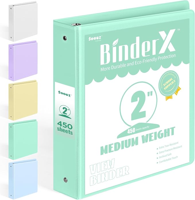BinderX 3 Ring Binder 2 Inch, 2" Clear View Binder, Light Green, Letter /A4 | Extra Durable, PVC-Free, Customizable, Interior Pockets, 450-Sheet Capacity, Eco-Friendly, Reinforced Hinge, School, Office by Sooez