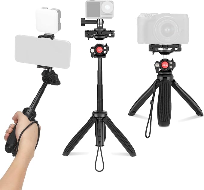 NEEWER TP38 Phone Camera Tripod, 15" Extendable Selfie Stick Metal Stand | Phone Holder, Action Camera Adapter, Compatible with Hero 13 12 11 10 9, 360° Ball Head Travel Tripod for Vlogging by Neewer