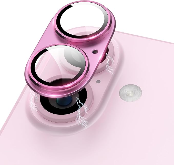 Compatible for iPhone 17 /iPhone 16 /iPhone 16 Plus Camera Lens Protector Metal Plus Aluminium Alloy Ring 9H Tempered Glass Screen Case Friendly Camera Cover Pink by KANOSAN