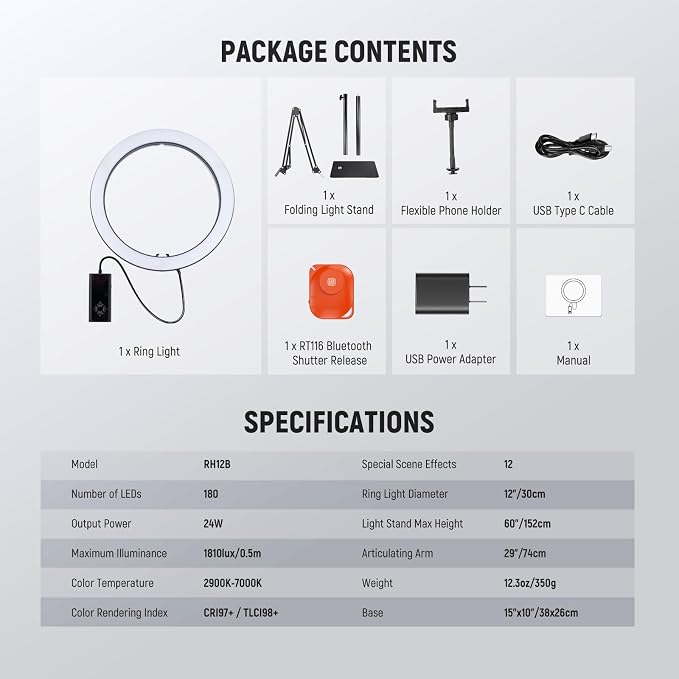 NEEWER 12" 24W High Power LED Ring Light Compatible with iPhone, 60" Overhead Folding Light Stand/Phone Holder Mount for Video Recording Selfie Makeup Streaming,2900-7000K USB C PD Input CRI97+,RH12B - Image 9