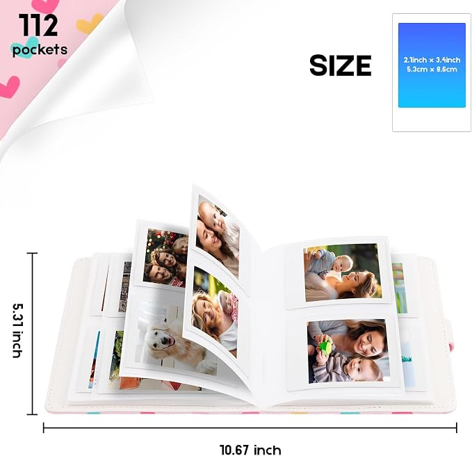 Ruibytree 112-Pocket Small Photo Album for 2x3 Pictures, Hearts Pink,1 Pack | Cute PU Leather Cover, Compact Portable, Compatible with Fujifilm Instax Mini & Polaroid 2x3 Photos, Easily Store all Memorie - Image 3