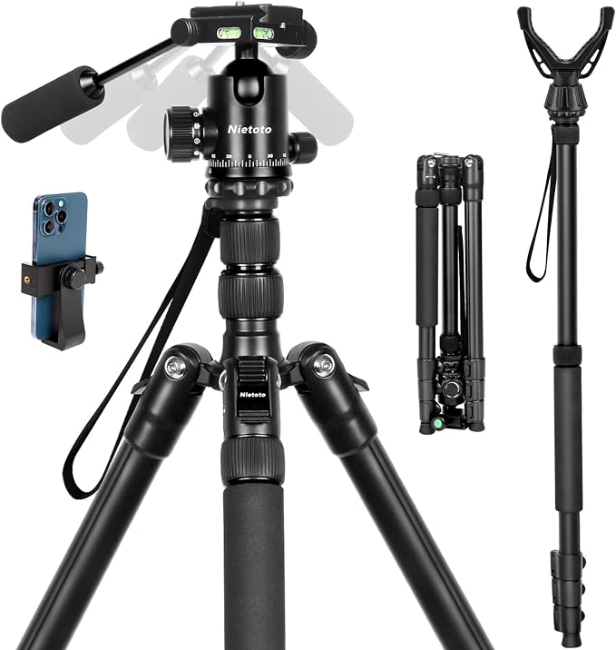 2 in 1 Camera Tripod & Hunting Stand Foldable, 68" Ball Head Tripod for Camera and Phone, Heavy Duty Tripod for DSLR Camera Lasers Binoculars Telescope Spotting Scope, Min Size 16.5" with Bag by Nietoto-US