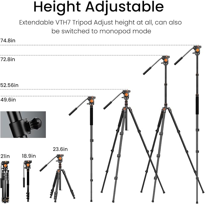 Victiv 72" Video Camera Tripod, Heavy Duty Fluid Head Tripod with Carry Bag | Professional Aluminum Camera Tripod Stand, 2-in-1 Camera Tripods & Monopods, Compatible with Camcorder, DSLR, Porjector - Image 2