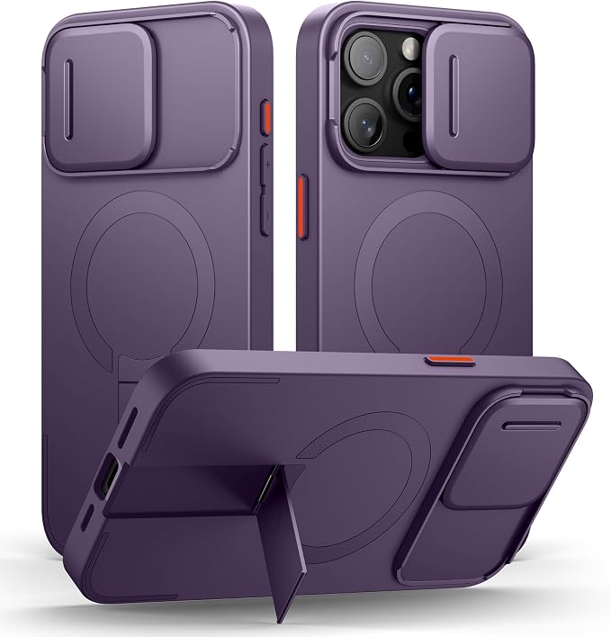 SURITCH for iPhone 15 Pro Max Case with Magnetic Camera Slide Cover and Adjustable Kickstand, Compatible with MagSafe, Shockproof Bumper Case Slim Protective Cover 6.7 Inch, Dark Purple by SURITCH