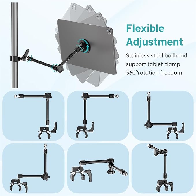 Magnetic iPad Holder Alloy Magic Arm Mount for Microphone Music Stand | Strong 20xN52 Magnets 360°Adjustable Tablet Mount,Compatible with MagSafe 4.7~13.5"iPad/Pro/Mini/Air,Galaxy Tab/Nexus/iPhone - Image 3