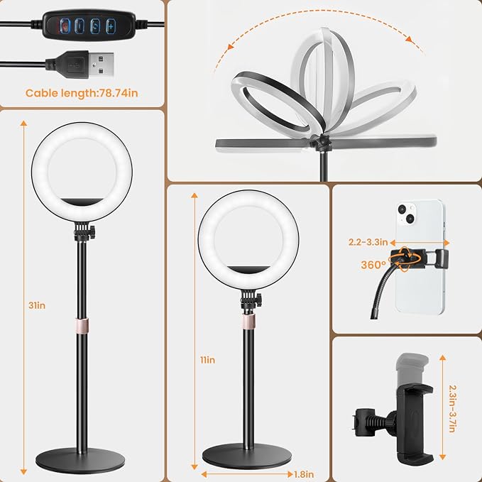 MACTREM 10“ Desk Ring Light with Stand, Desktop LED Circle Halo Light with Phone Holder for Computer Zoom Meeting, Laptop Light for Conference Video Calls, Live Streaming, Podcast, Selfie, Makeup - Image 6