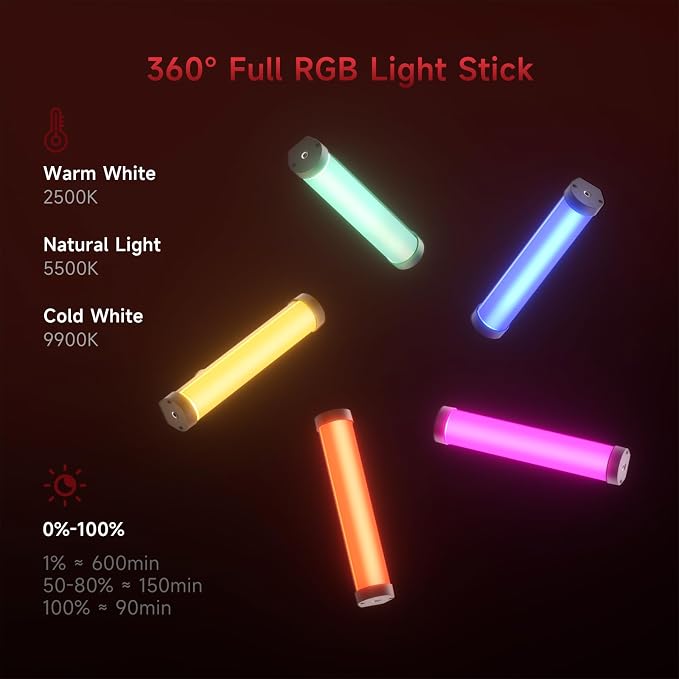 PHOTOOLEX 360°RGB Tube Light, LED Video Light Wand, Magnetic Light Stick | 2500K-9900K/360° Full Color/CRI 96+/2600mAh/Rechargeable/Handheld, Photography Light Bar for TikTok YouTube - Image 3