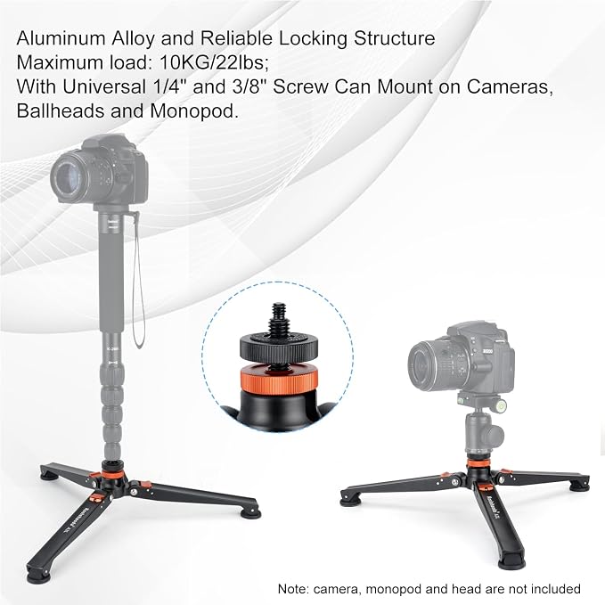 Koolehaoda Mini Tripod Base for Monopods, Aluminum Desktop Tripod | Universal 1/4" & 3/8" Screw Mount, for DSLR Camera Monopod Unipod Ball Head, Lightweight Portable Support Base, Photography - Image 3