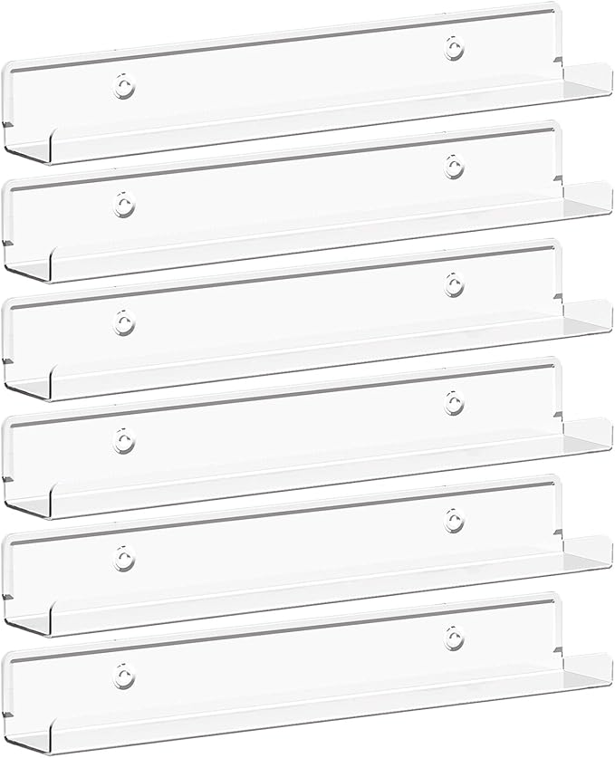 Lifewit Narrow Acrylic Floating Shelves for Vinyl Record 12", Clear 6 Pack | Wall Shelf for Nail Polish, Book, Picture, Makeup, Album Covers Display Organizer for Bedroom, Living Room, Bathroom Decor by Lifewit
