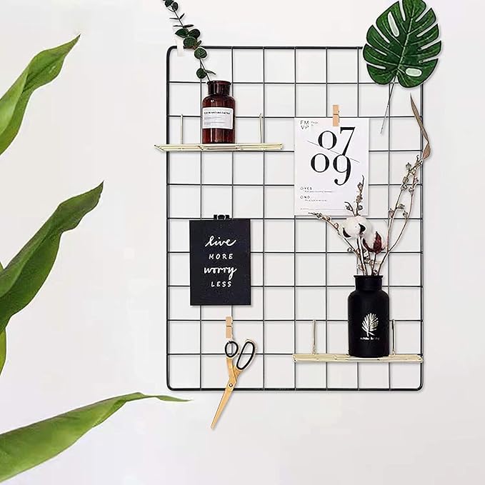 C&AHOME Photo Wall Display Set of 2, Wall Grid Panel, 17.7" x 25.6", Black | Photo Display Shelves, Wall Storagae Organizer, Hooks, Clips, Hemp Cord, Hammer - Image 9