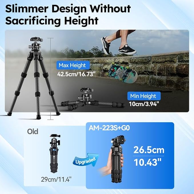 SIRUI AM-223S+G0 Carbon Fiber Mini Tripod Kit, G0 Ball Head, 16.7" | 33LB Load, 360° Panoramic Ball Head, 1.7LB Weight, DSLR, Mirrorless Camera, Desktop, Travel, Compact - Image 3