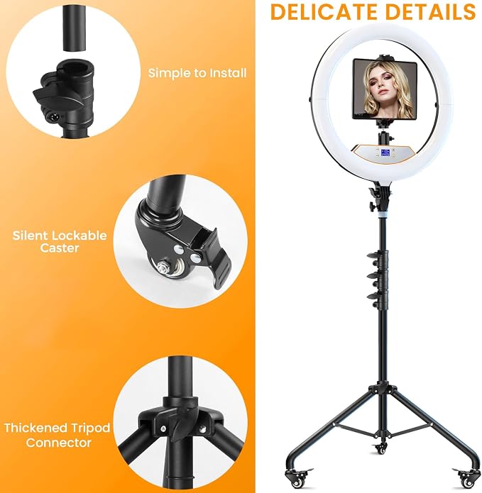 22" Ring Light with Stand: Lockable Wheels, LED Display & Foldable, | 75" Tripod Stand,3 Color modes 6500K / 2 USB Ports Large Ringlight , Video Recording Live Tattoo Makeup Barber Photography - Image 4