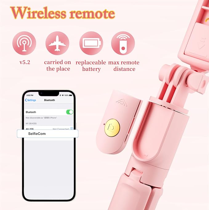 Pink Selfie Stick Tripod, with Wireless Remote Control, Live Streaming and Video Recording, Compatible with Android, iPhone and More - Image 6