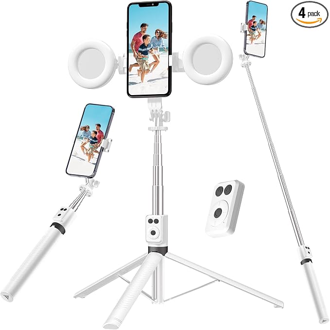 Selfie Stick Tripod with Fill Light, Phone Selfie Stick,Durable Stainless Steel Design,Bluetooth Remote Control,and Stable Three-Legged Support for Live Broadcasts,Video Shooting (White) by Mouzakon