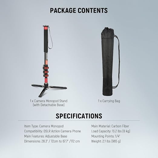 NEEWER 67.7" Camera Monopod Stand, Lightweight Carbon Fiber Travel Tripod with Detachable Base for DSLR Camcorder Video Recording, Telescopic Selfie Stick Trekking Pole, Max Load 13.2lb, TP71 - Image 8