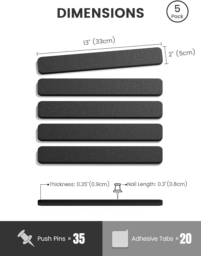 Fluxynara 13" x 2" Felt Wall Panels, Black | 5-Pack Includes 35 Push Pins and Adhesive Tabs for Photos, Notes and Decor in Bedroom Doors, Home Office or Studios - Image 2