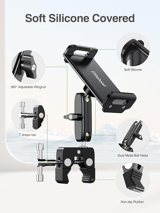 elitehood Universal iPad Mount Clamp, Metal Clip On Tablet Holder for Mic | Dual Adjustable Ball Head, Aluminum iPad Holder for Mic Stand, iPad Pole Mount for Drum Mic Yoke Boat Wheelchair Stroller - Image 9