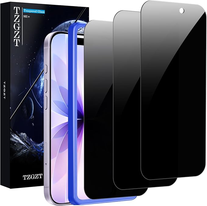 TZGZT Privacy Screen Protector for iPhone 17, Tempered Glass, Case Friendly | 3 Pack, 9H+ Military Grade Shatterproof, Anti-Scratch, HD, Easy Installation, Bubble Free, Dynamic Island Compatible by Unknown
