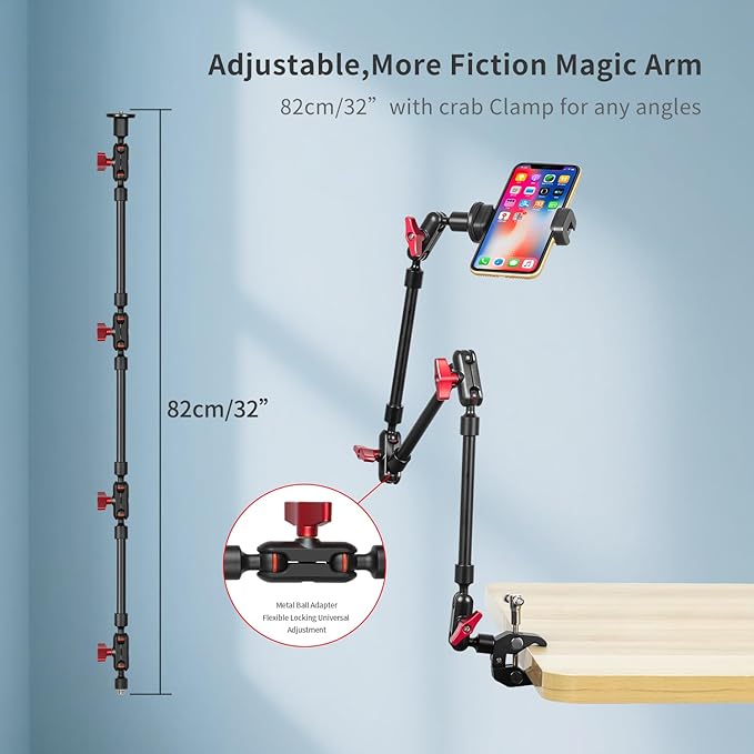 Magic Arm Camera Mount, 32" Aluminum Articulating Arm with Desk Clamp & Standard 1/4" Screw, Heavy Duty Overhead Phone Mount for Video Recording, Live Streaming, Vlogging - Image 6