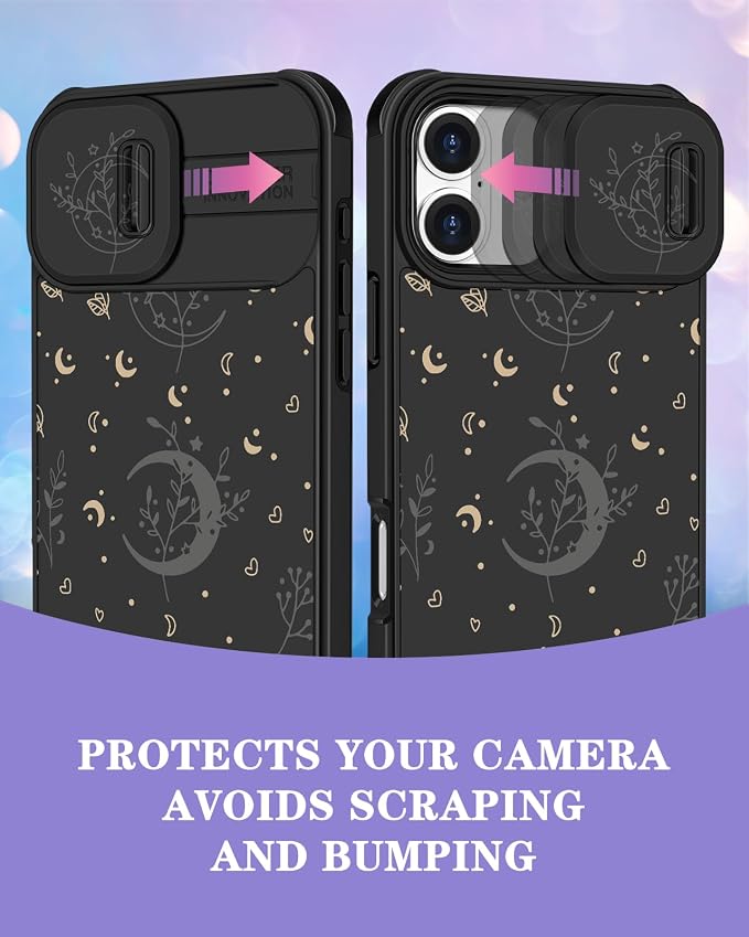 for iPhone 17 Case - Women Cute Phone Cover Girly Pretty Fancy Unique Aesthetic Design Slide Camera Cover Protective Case for Apple for iPhone 17, Black Moon Stars - Image 3