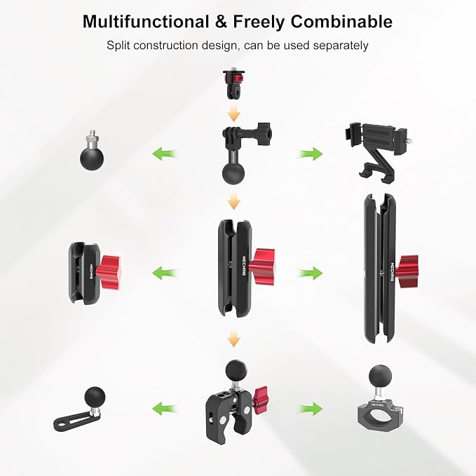 Camera Mount Super Clamp, Double Ballhead Magic Arm Clamp for GoPrO/Pocket 3 /lnsta360 X3 X4 /DSLR/Monitor/LED Light/Flash/Microphone,360°Rotating & 1/4”Screw & CNC Ebike Handlebar Clip Kit, JC008 - Image 7