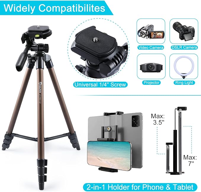 Endurax 60'' Tripod for Camera Canon Nikon DSLR, Camera Phone Tripod with Universal Holder, Carry Bag, Max. Load 6.6 lbs | 360° Pan Head, Universal Phone Holder & Carry Bag; Lightweight Aluminum for Easy Travel - Image 2