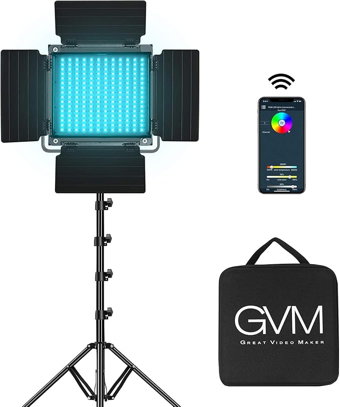 GVM RGB LED Video Light with Tripod Stand Barndoors, APP Control Panel Studio Lighting Kit, 3200K-5600K Dimmable, CRI97, Key Light for Photography, Video Recording, YouTube, Live Streaming, 800D by GVMGreatVideoMaker