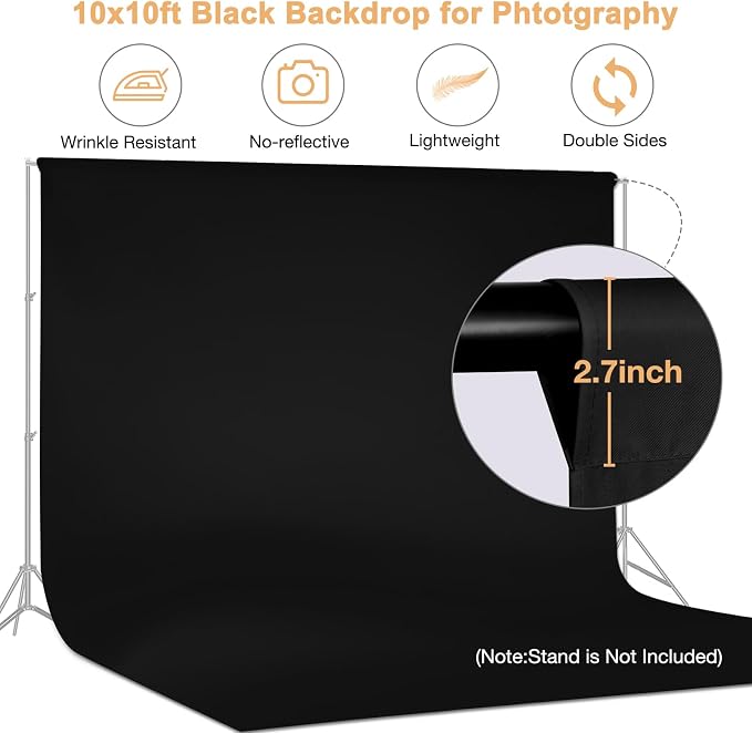 Aimosen 10x10 FT Black Backdrop Background for Photography, Large Photo Backdrop Curtain Drapes, High Density Polyester Fabric Screen for Party Portrait Photoshoots Booth Video Studio - Image 5