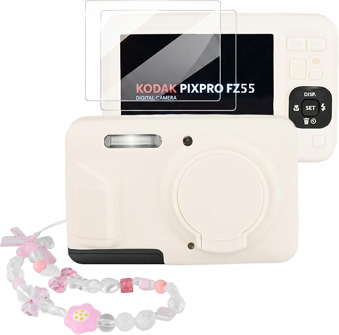 Camera Case for Kodak PIXPRO FZ55 with 2-Pack Screen Protector | Cute Charm Wrist Strap, Soft Silicone Protective Case with Removable Lens Cap for Kodak FZ55 Accessories - Beige by Seltureone