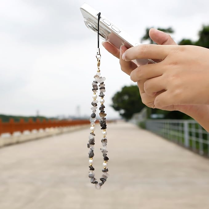 Phone Chain Phone Wrist Strap Natural Gemstone Phone Charms Cell Phone Lanyard Beaded Phone Strap for Women Girls(Black) - Image 3