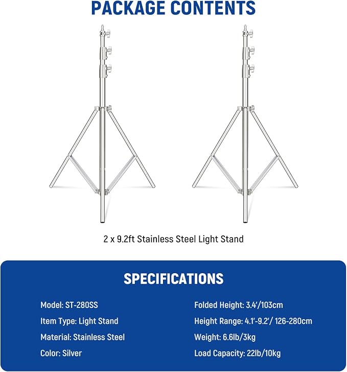 NEEWER 2Pcs 9.2ft Stainless Steel Light Stands, Spring Cushioned Heavy Duty Photography Tripod Stand with 1/4"-3/8" Adapter for Strobe Video Ring Light Monolight Softbox, 22lb Max Load, ST-280SS - Image 7