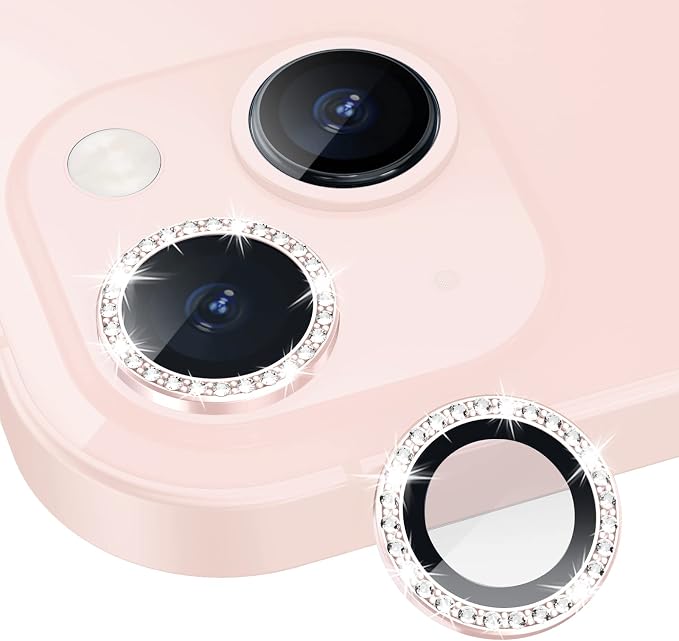 for iPhone 13/13 Mini Camera Lens Protector Bling Diamond, Pink | Individual Metal, 9H Hardness, Scratch Resistant, Shockproof, Drop Protection, Case Friendly, Stylish Accessories by Xfilm