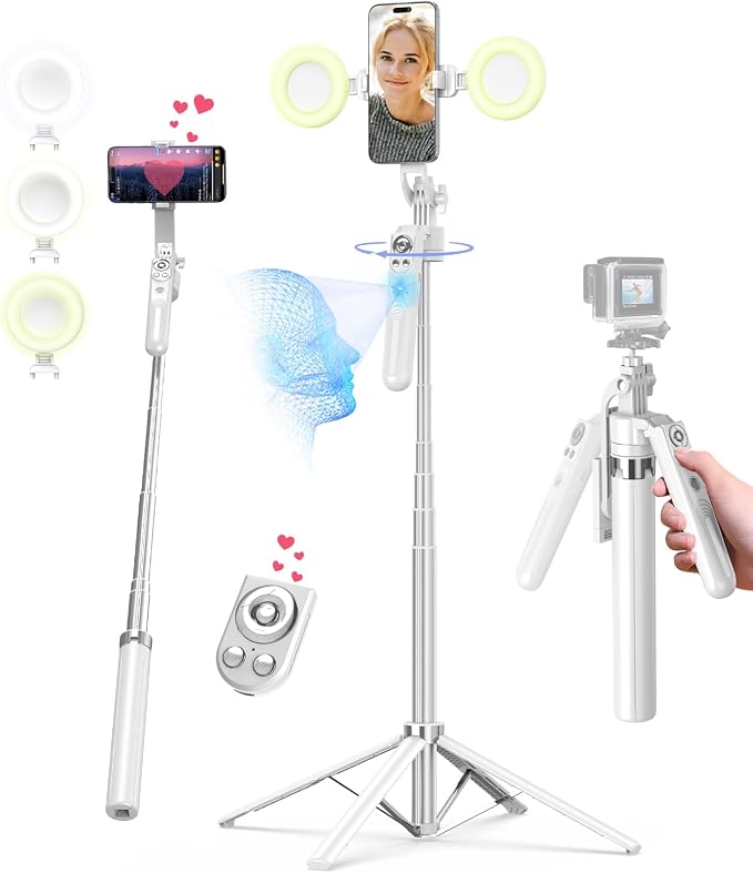 Yeaki 71” Auto Face Tracking Tripod for iPhone with Light,360° Rotating Phone Stand with Rechargeable Remote Control for TikTok Vlog, Phone Tripod for Android Camera/GoPro/Ring Light (White) by YEAKI