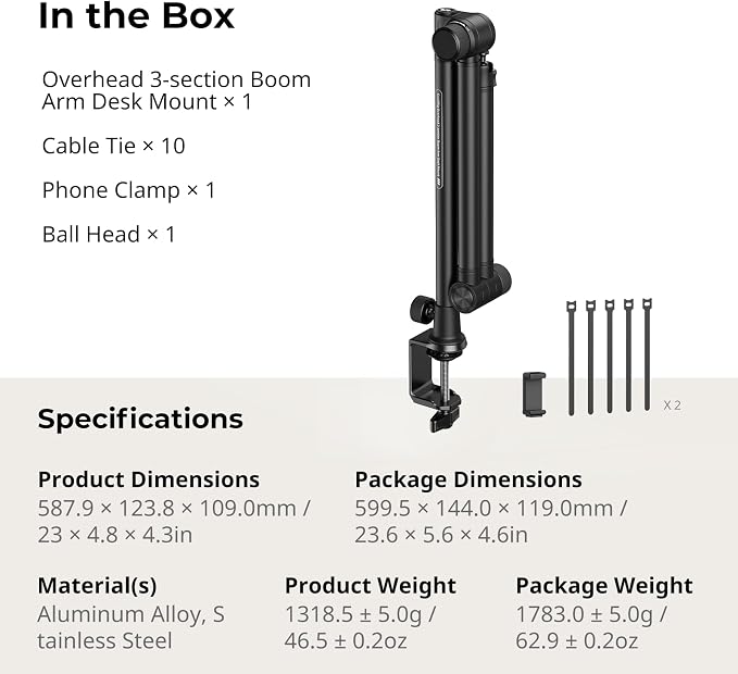 SMALLRIG Overhead 3-Section Desktop Camera Bracket Desk Mount | Tabletop C Clamp with Damping Boom Arm, 360° Ball Head, Max Load 4.4lbs for Photography Videography Live Stream - Image 8
