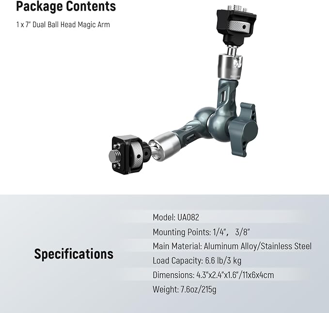 NEEWER 7" Articulating Magic Arm, Camera Monitor Mount Ball Heads Anti Twist Pins 1/4" 3/8" Screws for DSLR Action Camera Webcam Video Light Compatible with SmallRig Cage Rig, Max Load 6.6 lbs, UA082 - Image 7