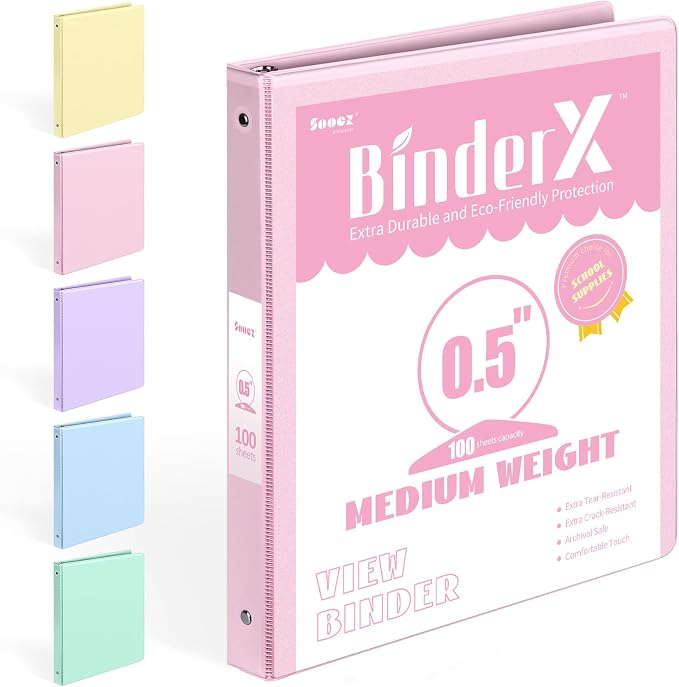 BinderX Extra Durable 3 Ring Binder, Round Rings 0.5 Inch Binder | Fits 100 Sheets of 8.5x11 Paper, Customizable View Cover with Inside Pockets, Cute 0.5" Binders, 1/2 Inch 1 Pack, Pink by Sooez