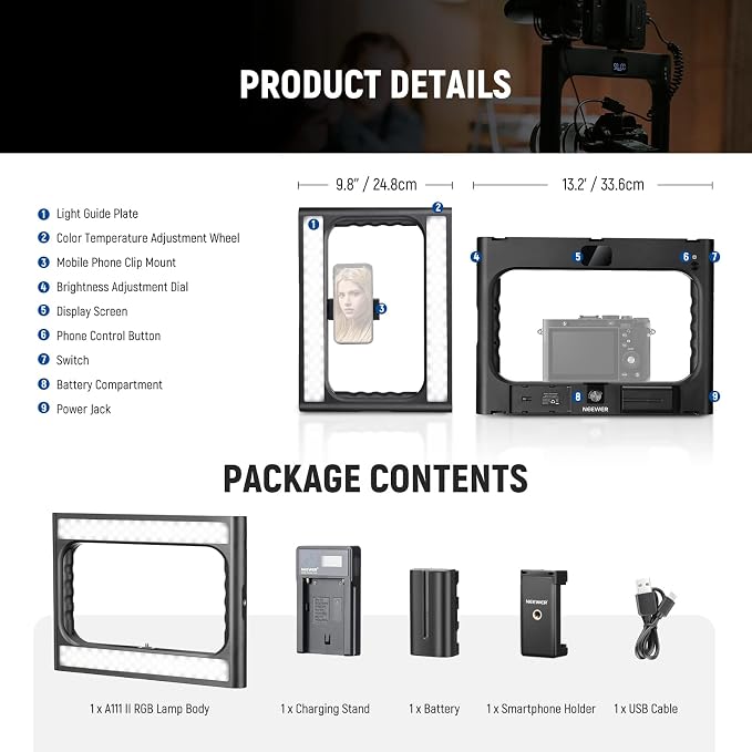 NEEWER RGB-A111 II Smartphone Video Rig with Light Kit, Support Vertical Shoot, Handheld Phone Camera Cage Stabilizer with Cold Shoes/Shutter/Battery, 17 Scenes RGB Ring Light 2500K-10000K CRI97+ - Image 9