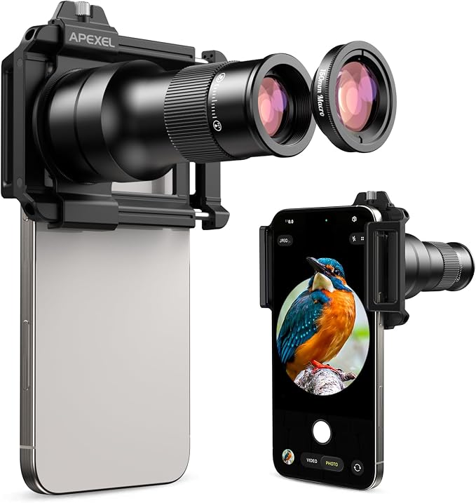 APEXEL 6X Telephoto & 150mm Macro 2-in-1 Lens for iPhone and Android | 6x Zoom + 10x Macro, 10-Glass Optics, Aluminum Build, Universal Clip | for Travel, Nature, and Everyday Creative Shots by Apexel