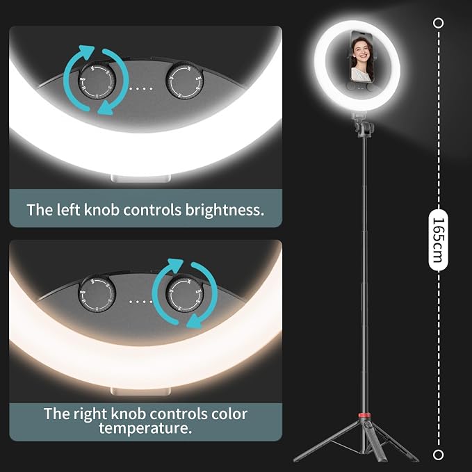 10''Selfie Ring Light with 64''Tripod Stand,Rechargeable Ring Light with Phone Holder and Remote Control,Adjustable Color Temperature and Brightness,5000mAh Battery,Live Streaming,Makeup,Travel,Gaming - Image 5