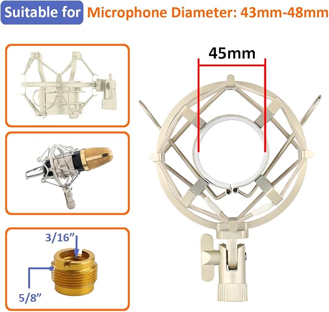 43-48mm Microphone Shock Mount Anti Vibration Mic Suspension Mount Aluminum Alloy Condenser Microphones Holder Clip with Metal Screw Adapter Isolation Absorber Studio Silver - Image 4